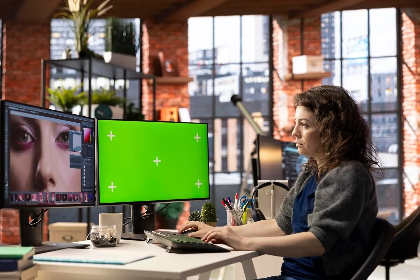 Женщина-графический дизайнер использует программное обеспечение для редактирования и зелёный экран.